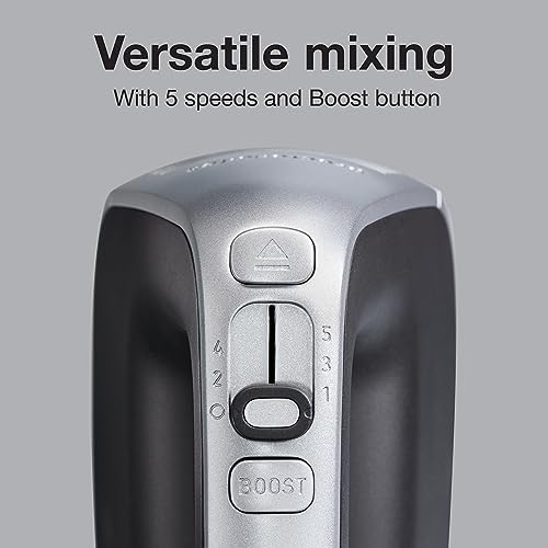 Proctor Silex 5-Speed + Boost Electric Hand Mixer with Powerful 1.3 Amp DC Motor For Effortless Mixing & Consistent Speed in Thick Ingredients, Slow Start, Silver (62501)
