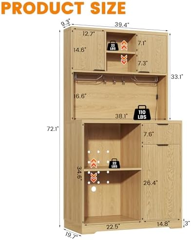 kepptory 72" Tall Bar Cabinet with Mini Fridge Space, Fluted Coffee Liquor Hutch Cabinet with Storage, Tall Home Bar with LED Light & Power Outlet for Kitchen Dining Room or Living, Natural