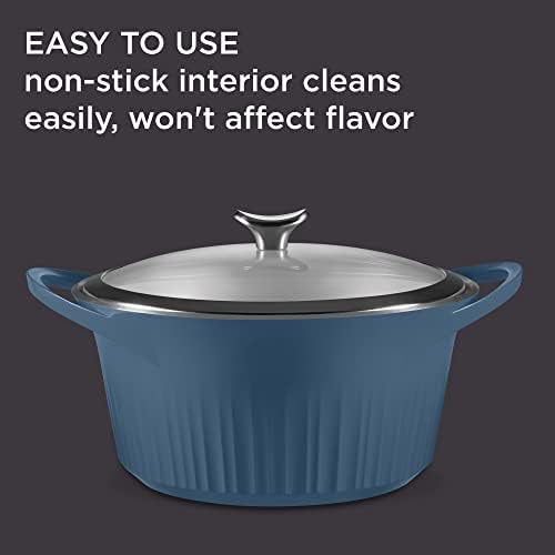 CorningWare QuickHeat 5.5-QT Cast Aluminum Dutch Oven With Lid & Non-Stick Ceramic Interior, Lightweight and Fast Even Heat Baking & Cooking, For Meats, Soup, Browning, Searing, French Navy