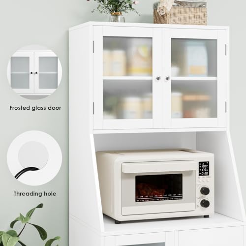 BOTLOG 64'' Kitchen Pantry Storage Cabinet, Tall Kitchen Storage Cabinet with Microwave Stand, Hutch Cabinet with Adjustable Shelves, for Dining Room (White)