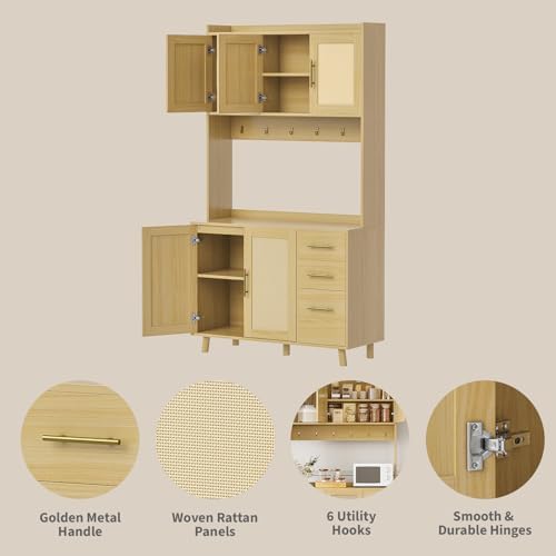 Tall Rattan Kitchen Pantry Storage Cabinet,Freestanding Coffee Bar Hutch