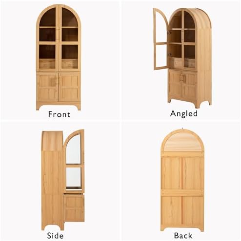 Merax 71" Farmhouse Arched Pantry Cabinet with Glass Doors & Hidden Drawer, Adjustable Shelves Storage Cupboard for Kitchen/Dining Room, Natural