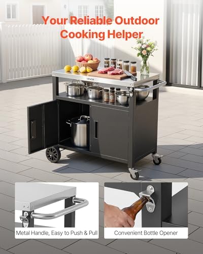 VEVOR Outdoor Grill Cart with Storage Cabinet, 36.4 Inch Grill Table, Waterproof Kitchen Island with Stainless Steel Top, Shelf, and Wheels, Movable Food Prep Station for Patio Bar Backyard BBQ
