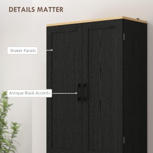 HOMCOM 67" Freestanding Kitchen Pantry 4-Door Cabinet Distressed Black