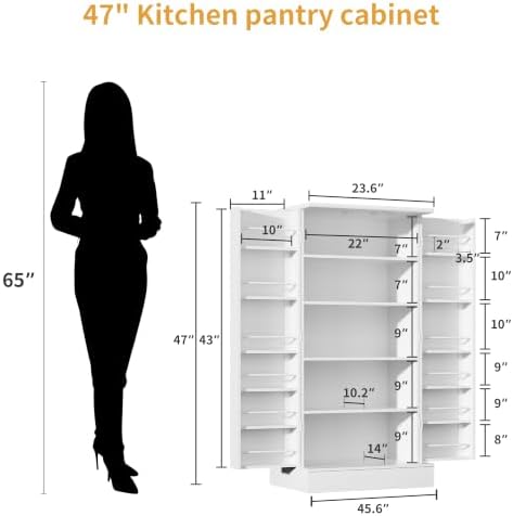 kepptory 47” Pantry Cabinet, Kitchen Pantry Storage Cabinet with Doors and Adjustable Shelves,Freestanding Buffet Cupboards Sideboard for Living Room and Dinning Room (White)