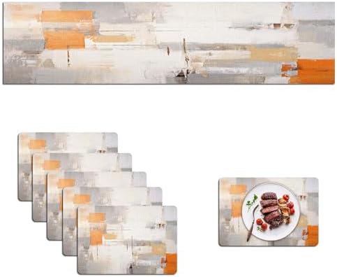 Mcalk Orange Table Runner and Placemats Set of 6, Abstract Grey Placemats, Modern Cloth Place Mats Indoor for Kitchen,Washable Linen Material for Dining Table