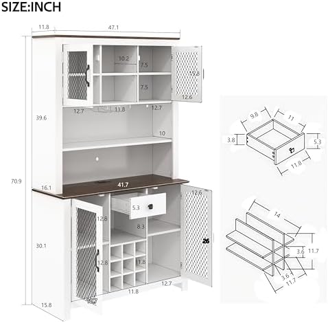 Merax 70.9" Tall Kitchen Pantry Storage Cabinet with Charging Station and LED Lights, Rustic Kitchen Hutch Food Pantries with Wine Rack, Drawer & Adjustable Shelves for Dining Room, White