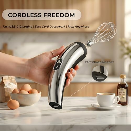 Mini Cordless Hand Mixer, 5-Speed Electric Whisk with Digital Display, USB-C Rechargeable & Silent, Portable for Drinks, Breakfast & Baking(Black)