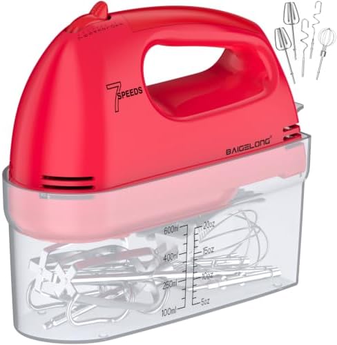 BAIGELONG Hand Mixer. 7-Speed Adjustable Kitchen Electric Mixer. With 5 Stainless Steel Attachments: 2 Hooks, 2 Beaters, 1 Whisk. Comes 1 Storage Box. Perfect for Bakers and New Starters, Red