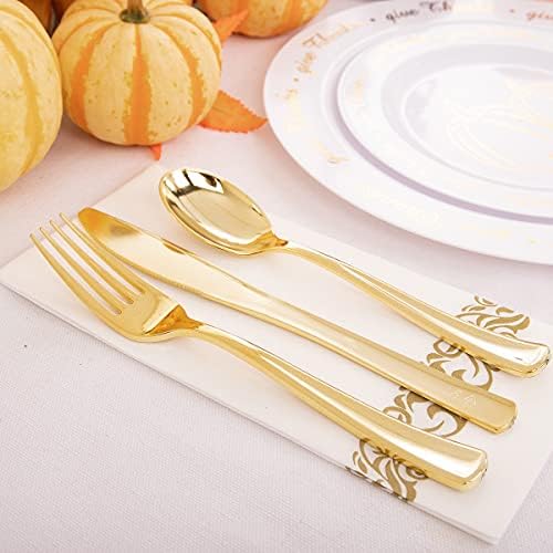 LIYH 175 Pcs Plastic Thanksgiving Plates Disposable Dinnerware sets, Thanksgiving Plates and Napkins, Gold Plastic Plate Napkins Fall Tableware 25 Guests