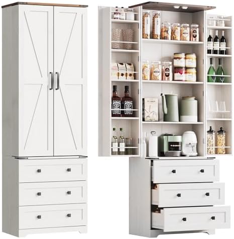 IDEALHOUSE Farmhouse Kitchen Pantry Cabinet - 72" Tall Large Wood Kitchen Storage Cabinets with Adjustable Shelves & 2 Barn Doors & 3 Drawer, Versatile Storage for Dining Room, Bathroom, Living Room