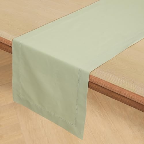 Solino Home Cotton Linen Table Runner Sage, Hemstitch Collection 14 x 48 in