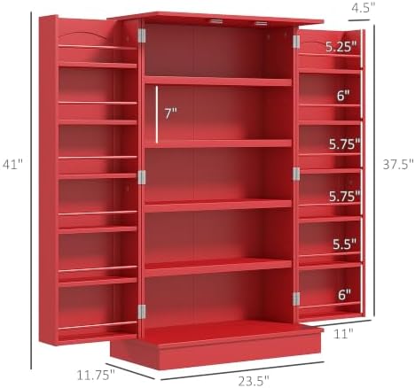 HOMCOM 41" Kitchen Pantry Storage Cabinet 12 Door Shelves Red