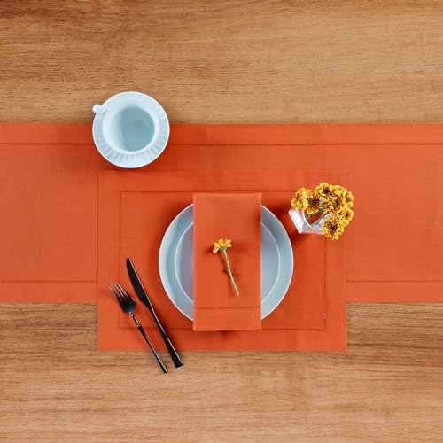 Solino Home Cotton Linen Table Runner Burnt Orange Hemstitch, 14 x 72 in