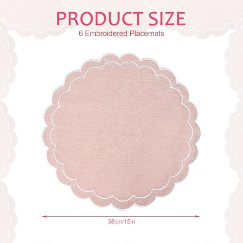 Set of 8 Cotton Linen Placemats, 15x15 Scalloped Flower Embroidery Cloth Table Mats Double Layered Fabric Machine Washable Wrinkle Free Dining Placemat for Hotel Restaurant Kitchen Decor, Pink