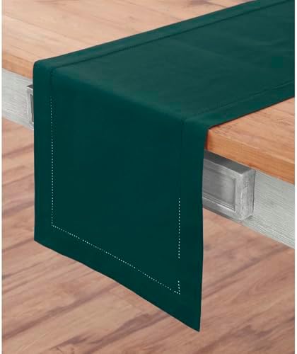 Solino Home Cotton Linen Table Runner Dark Green Hemstitch, 14 x 120 in