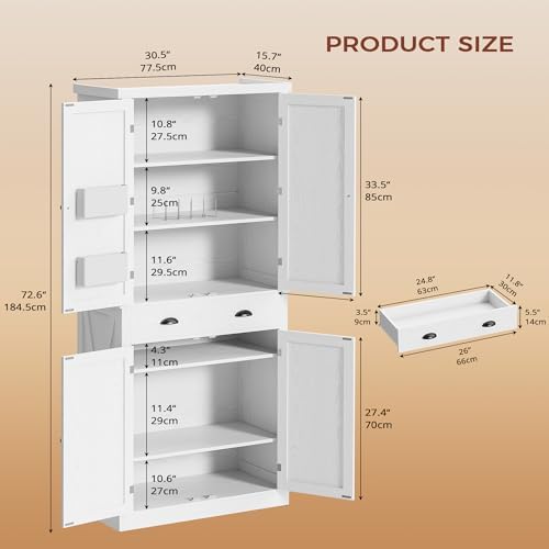 IRONCK 72.6" H Kitchen Pantry with Drawer & Adjustable Shelves, White
