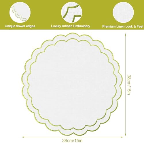 Set of 8 Cotton Linen Placemats, 15x15 Scalloped Flower Embroidery Cloth Table Mats Double Layered Fabric Machine Washable Wrinkle Free Dining Placemat for Restaurant Kitchen Decor, White with Green