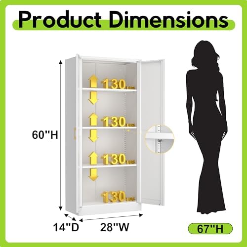 UNICOLY Metal Kitchen Pantry Cabinet, Storage Cabinet with Doors and Shelves, Cupboard with Adjustable Leveling Foot, for Laundry, Living Room, Bathroom, Dinning Room, Assembly Required, White 60" H