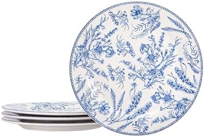 Bico Blue Garden Toile De Jouy Dinner Plates Set of 4, 11 Inch Large Ceramic Plates for Pasta, Steak, Stylish Serving Dishes, Microwave and Dishwasher Safe, Gift for Housewarming and Thanksgiving