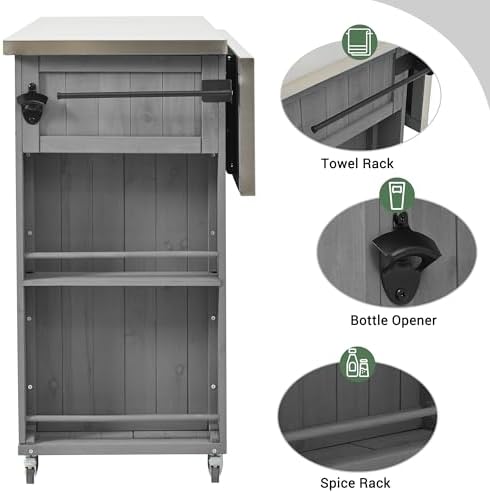 52.25" W Outdoor Grill Cart with Stainless Steel Tabletop, Patio Kitchen Island Storage Cabinet for BBQ, Bar