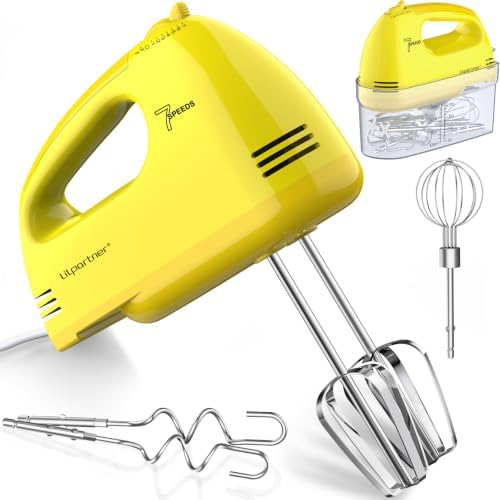 LILPARTNER Electric Hand Mixer with Storage Box, Ultra Power Kitchen Hand Mixer With 7-Speed & 5 Stainless Steel Accessories for Whipping Dough, Cream, Cake, Dishwasher Safe, LIGHT YELLOW BOX