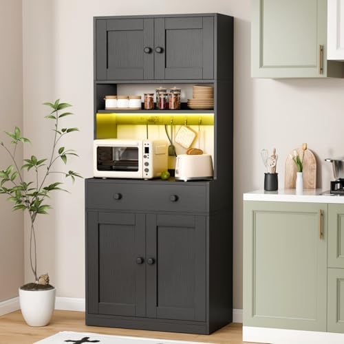 71" Tall Kitchen Pantry Cabinet with Microwave Countertop, LED Lights Black