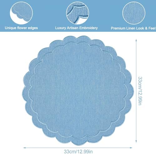 Set of 6 Blue Cotton Linen Placemats, 15x15 Scalloped Flower Embroidery Cloth Table Mats Double Layered Fabric Machine Washable Wrinkle Free Dining Placemat for Hotel Restaurant Kitchen Decor