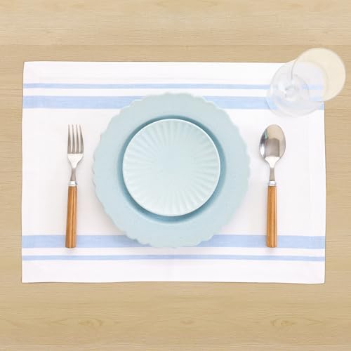 Solino Home 100% Linen Placemats, 14 x 19 in, Blue, French Stripe, Set of 4