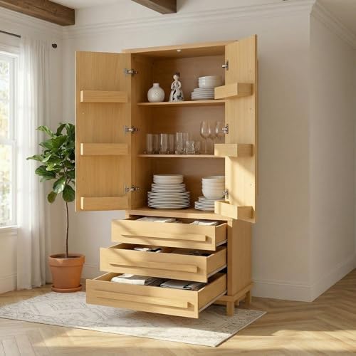 Christopher Knight Home Chenny 70''H Wooden Kitchen Pantry Cabinet, Storage Cabinet with Adjustable Shelves, 6 Door Internal Storage Compartments & 3 Drawers, Freestanding Cupboard Cabinet, Natural