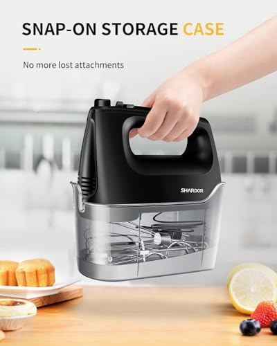 SHARDOR Hand Mixer Electric, 6 Speed & Turbo Mixer Electric Handheld, Snap-On Storage Case,5 Stainless Steel Accessories for Whipping, Mixing Cookies, Brownie, Cakes, Dough Batters (Black)