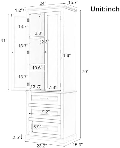 Merax 70" Pantry Cabinet with Two Doors & Three Drawer, Adjustable Shelves Storage Cupboard for Kitchen/Dining Room/Bathroom, Gray