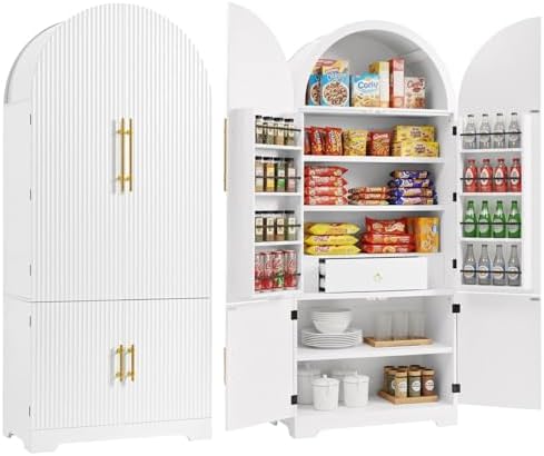 Merax 72" Tall Arched Cabinet Kitchen Pantry with 4 Doors, Fluted Storage Cabinets with 3 Adjustable Shelves & 1 Hidden Drawer & 8 Door Shelves, Versatile Cupboard for Kitchen, Dining Room (White)