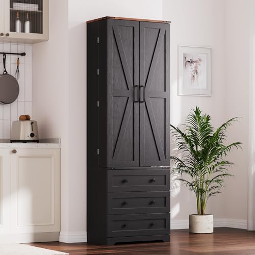 IDEALHOUSE Farmhouse Kitchen Pantry Cabinet - 72" Tall Large Wood Kitchen Storage Cabinets with Adjustable Shelves & 2 Barn Doors & 3 Drawer, Versatile Storage for Dining Room, Bathroom, Living Room