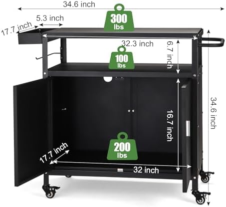 Outdoor Grill Cart with Storage Cabinet, Pizza Oven Stand Table with Wheels for Outside, Patio, Kitchen, Movable Outdoor Food Prep Table for Grill, BBQ