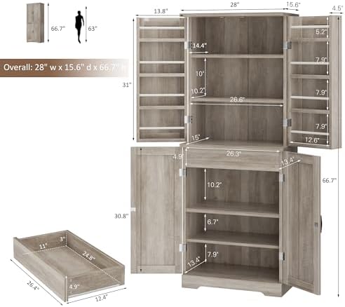 Shintenchi Kitchen Pantry Cabinet, Farmhouse Tall Cupboard, Ash Gray