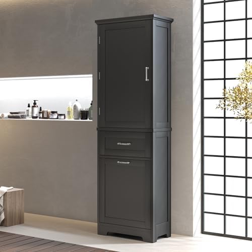 Merax 68.4" Pantry Cabinet with One Door & Two Drawers, Adjustable Shelves Storage Cupboard for Kitchen/Dining Room/Bathroom, Black