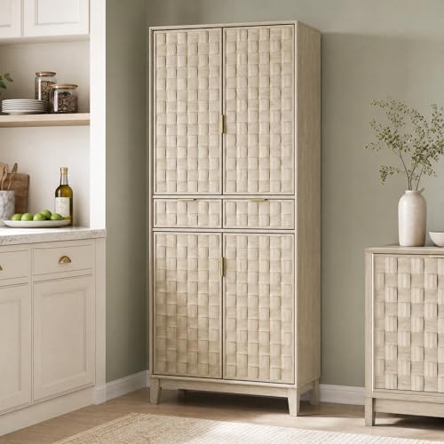 Pantry Cabinet, 71" Tall Pantry Cabinet,Modern Kitchen Cabinet with Doors, Drawers & Adjustable Shelves, Freestanding Food Pantry Cupboard with Side Rack for Kitchen Dining Room,Oak