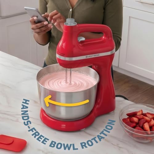 West Bend Two Sweet 2-in-1 Hand & Stand Mixer, 11 Speeds with Turbo Boost, 4.4 Qt Rotating Bowl, Dough Hooks, Beaters & Whisk, Tilt-Head Design, 550 Peak Watts, Red