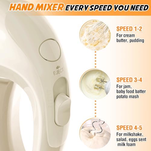 Showvigor Electric Hand Mixer with 5 Stainless Steel Whisks,5 Speed,Ivory