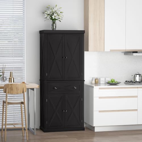 HOMCOM 72" Kitchen Pantry Storage Cabinet with 4 Doors, X-Frame, Black