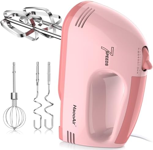 Electric Kitchen Mixer, Small 7-Speed Mixer, Dishwasher-Safe 304 Accessories (1 Whisk, 2 Dough Hooks, 2 Beaters), Mixes Various Ingredients, for Both Beginners and Bakers, Pink