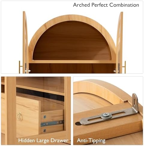 Merax 71" Farmhouse Arched Pantry Cabinet with Glass Doors & Hidden Drawer, Adjustable Shelves Storage Cupboard for Kitchen/Dining Room, Natural