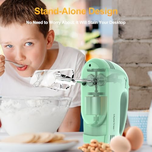 LILPARTNER Electric Hand Mixer with Storage Box, Ultra Power Kitchen Hand Mixer With 7-Speed & 5 Stainless Steel Accessories for Whipping Dough, Cream, Cake, Dishwasher Safe, LIGHT GREEN BOX