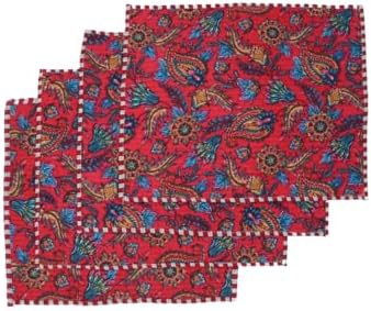 Cotton Block Print Quilted Reversible Placemats with Napkins, Floral Design, Dining Table Decor for Everyday Use, Set of 4 (Teal/Red)