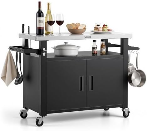 VEVOR Outdoor Grill Cart with Storage Cabinet, 53.1 Inch Grill Table, Waterproof Kitchen Island with Stainless Steel Top, Shelf, and Wheels, Movable Food Prep Station for Patio Bar Backyard BBQ