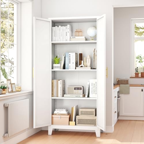 Zevemomo 61" H Metal Kitchen Pantry Cabinet, Freestanding Cupboard with 2 Doors and 3 Adjustable Shelves, Tall Metal Storage Cabinet for Kitchen, Bathroom, Dining Room or Laundry Room （White）