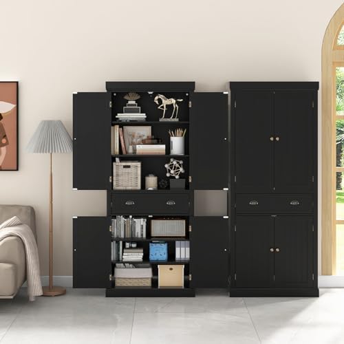 GIANTEX Pantry Organizers and Storage, 72" Tall Kitchen Cabinet with 2-Door Cabinets & Drawer, Buffet Sideboard w/Adjustable Shelves, Wooden Freestanding Cupboard for Dining Room Living Room (Black)