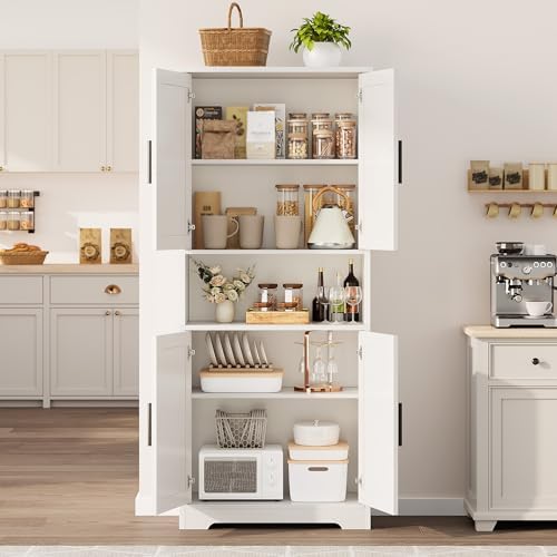 70" Tall Pantry Cabinet, Kitchen Pantry Cabinet with Doors and Adjustable Shelves, Freestanding Cupboard, Tall Storage Cabinet for Bathroom, Dining Room, Living Room, White
