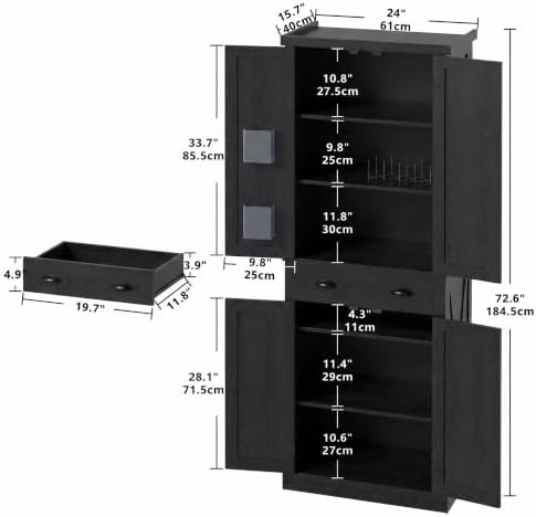 IRONCK Kitchen Pantry Storage Cabinet 72.6" H x 24" W, Black